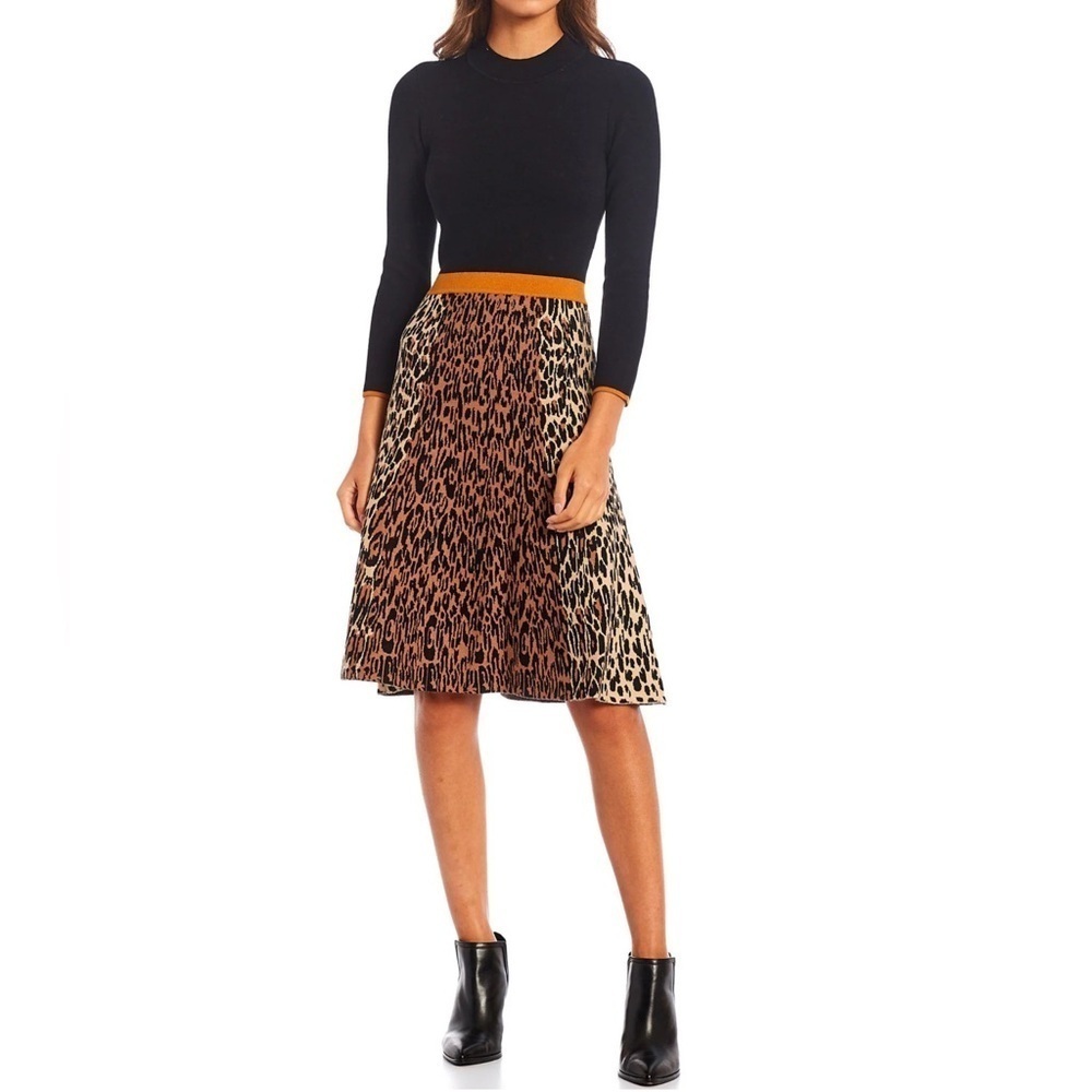 Eliza J Animal Print Long Sleeve Fit Flare Sweater Dress in Black Medium
